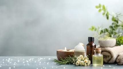 Spa still life with essential oil, natural soap, towels, and herbs on a wooden table. Spa still life with flowers, stones and towels on light background