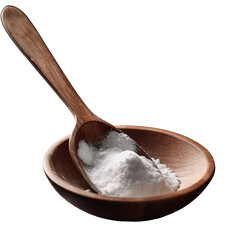 Wooden spoon holding baking soda in a shallow bowl