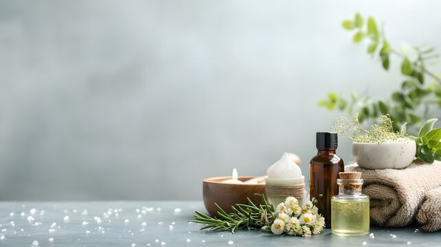 Spa still life with essential oil, natural soap, towels, and herbs on a wooden table. Spa still life with flowers, stones and towels on light background