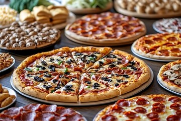 Various Delicious Pizzas Ready To Serve On A Wooden Table
