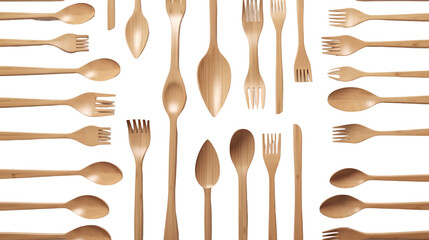 Wooden utensils in a grid pattern.  Rows of spoons and forks