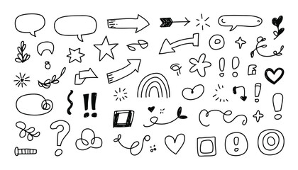 Collection of hand drawn doodle elements arrows speech bubbles stars hearts symbols and more for design