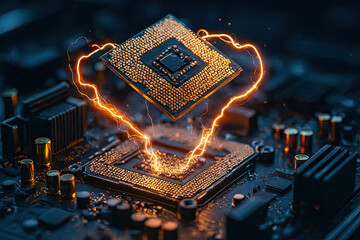 Dynamic CPU Power Connection: A central processing unit hovers over its motherboard socket, connected by vibrant electrical arcs, symbolizing the core of high-speed data transfer, technological innova