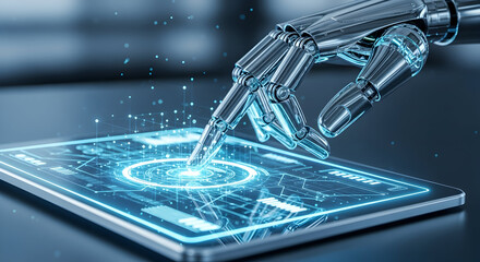 Robotic hand interacting with a digital interface displaying complex data and futuristic technology on a sleek modern device for ai solutions