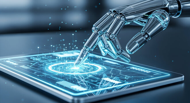 Robotic hand interacting with a digital interface displaying complex data and futuristic technology on a sleek modern device for ai solutions
