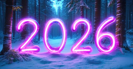 Bright neon digits display year 2026. Snowy forest backdrop creates futuristic winter scene. Vivid colors dominate composition.