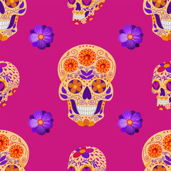 Seamless vector pattern with sugar skulls and violet flowers on pink background for Mexican Day of the Dead