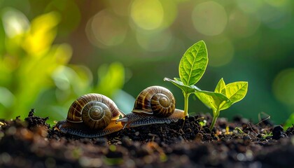 Two snails traverse the earth, close to burgeoning plant life, amidst a vibrant natural setting.
