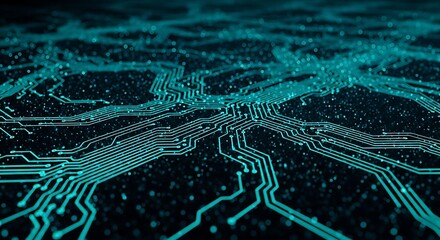 Intricate circuit board lines glowing green with digital data flow abstract background