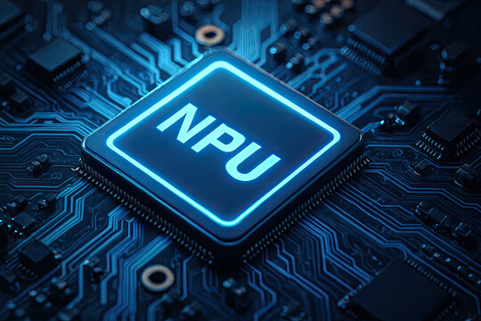 Revolutionary NPU Microchip Illuminates the Future of Artificial Intelligence: Advanced Neural Processing Unit on a High-Tech Circuit Board for AI Acceleration, Deep Learning, and Edge Computing Innov