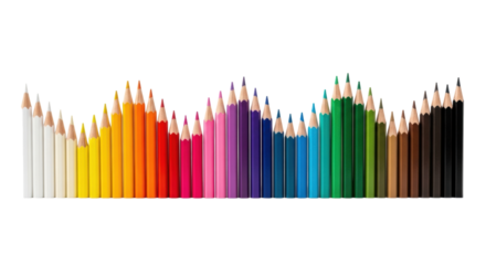 Sharpened, colorful pencils in a wave pattern with a smooth light-to-dark gradient on a transparent background with copy space, concept of color creativity.