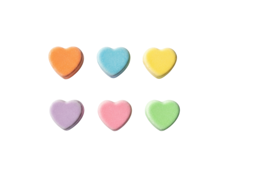 Six individual heart-shaped pastel conversation candies on a transparent background, flat lay, soft natural light, subtle shadows, sweet confectionery and affection concept.