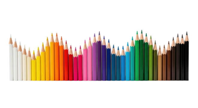 Sharpened, colorful pencils in a wave pattern with a smooth light-to-dark gradient on a transparent background with copy space, concept of color creativity. - Powered by Adobe