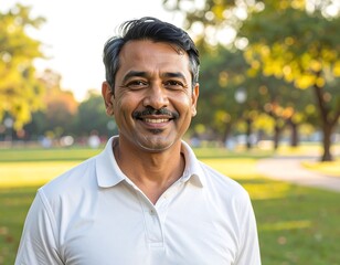 A joyful man with a pleasant smile in a park setting, showcasing a warm and friendly expression.