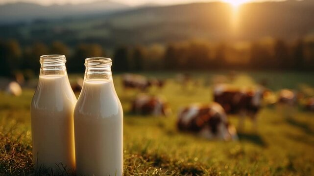 Two bottles of milk are on the grass next to a field of cows. The cows are grazing in the background