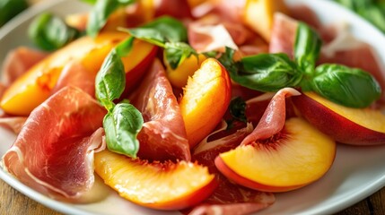 Slices of peach and prosciutto with fresh basil.