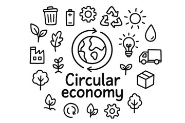 Fototapeta premium Circular Economy Doodle. Circular economy. Hand-drawn doodle illustration of Circular economy. In the middle,