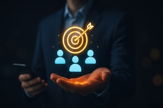 Businessman holding glowing holographic bullseye and people icons symbolizing target audience