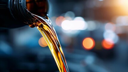 A bottle of oil is pouring out of a container. The oil is flowing out of the container and onto the ground