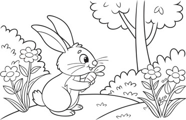 Cartoon Rabbit with Carrot Surrounded by Blooming Flowers Illustration for Children Coloring