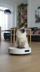 Elegant Ragdoll cat with blue eyes sitting on robotic vacuum in stylish living room. Fluffy feline enjoying ride on smart home cleaning device