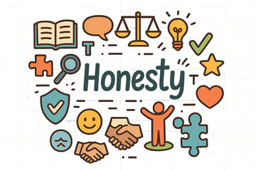 Colorful Honesty Doodle. Honesty. Hand-drawn doodle illustration of Honesty. open book, speech bubble, scales,