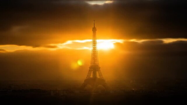 The Eiffel Tower silhouetted against a dramatic, golden sunset, with clouds.