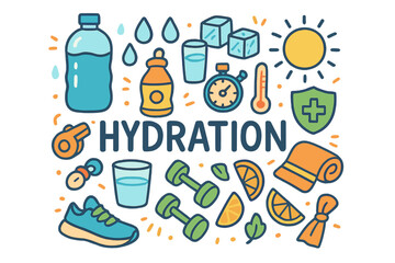 Stay Hydrated Doodle Art. Hydration. Hand-drawn doodle illustration of Hydration. water bottle, sweat drops,