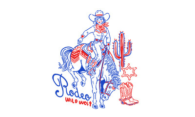 vintage line art illustration of a rodeo cowgirl. Retro wild west artwork for a t-shirt print
