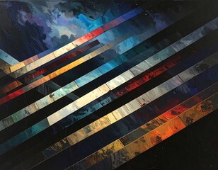 A dynamic abstract composition featuring diagonal bands of varying colors and textures, creating a sense of depth and movement.