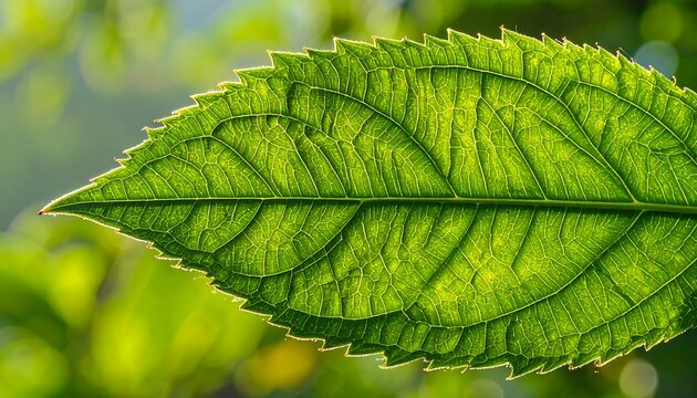A close-up view of a vibrant green leaf, showcasing intricate veins and a detailed texture.