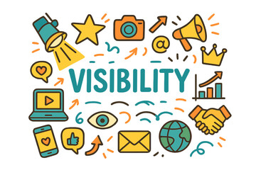 Visibility Doodle Icons. Visibility. Hand-drawn doodle illustration of Visibility. spotlight, star, camera,