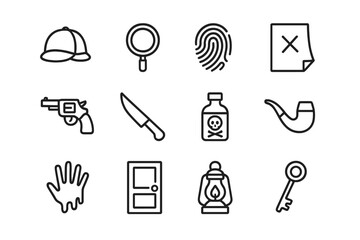 Murder Mystery Icons. Hosting a murder mystery party with costumes and clues. Line outline icon set of Hosting