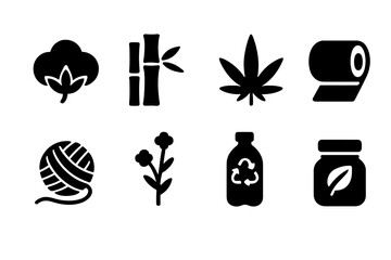 Eco Materials Icons. Eco Materials. Filled icon set of Eco Materials: cotton plant, bamboo stalk, hemp leaf,