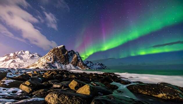 Majestic aurora borealis illuminates a winter coastal landscape, showcasing a stunning display over snow-capped mountains and a rocky shoreline.