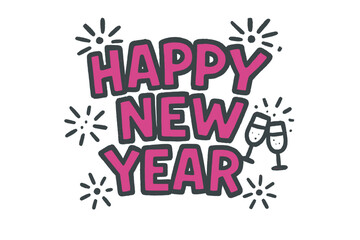 Festive Doodle Celebration. Happy New Year. bold doodle lettering, thick outline, playful marker vibe, sketchy