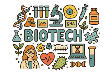 Fototapeta premium Biotech Doodle Illustration. Biotech. Hand-drawn doodle illustration of Biotech. DNA strand, test tubes,
