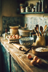 A cozy kitchen with retro utensils, enamel bowls, rolling pins and wooden spoons laid out on a rustic countertop, creating a nostalgic atmosphere.