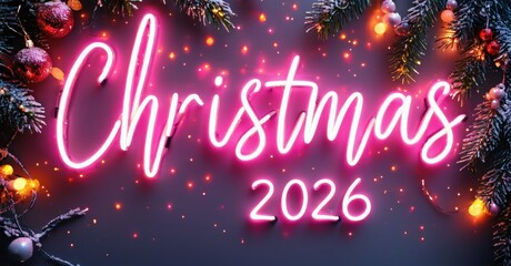 Bright neon Christmas sign with year 2026. Festive decorations include branches, lights, ornaments. Background is dark purple.