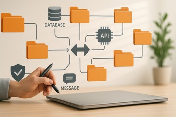 Database and API system workflow with file folders and holographic diagram on digital business interface 
