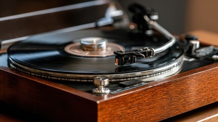 view captures the elegant turntable, with a black vinyl record spinning on its surface, showcasing the intricate details of the audio playback machine against a blurred background.