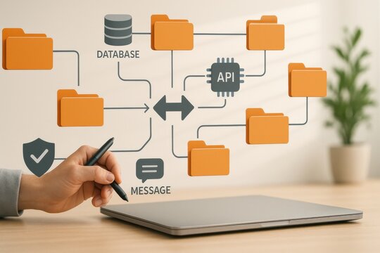Database and API system workflow with file folders and holographic diagram on digital business interface
- Powered by Adobe