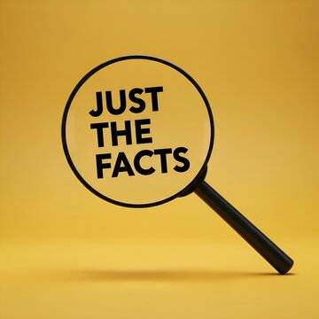 Magnifying glass focuses on the words just the facts against a yellow background