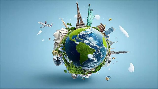 Earth showcasing World landmarks on a small planet against a blue background