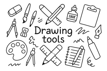 Doodle Drawing Tools. Drawing tools. Hand-drawn doodle illustration of Drawing tools. In the middle, one