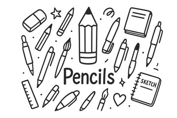 Obraz premium Pencil Doodle Montage. Pencils. Hand-drawn doodle illustration of Pencils. In the middle, one slightly larger