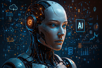 A humanoid AI robot with vivid blue eyes and intricate cybernetic mechanisms. Against a glowing digital background with data streams, cloud symbols, networks, and an 'AI' sign, it embodies advanced ar
