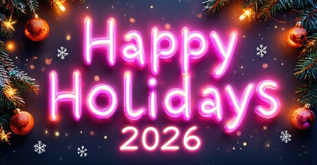 Bright neon sign displays Happy Holidays 2026. Festive decorations include ornaments, snowflakes, pine branches. Warm lighting creates cheerful mood.