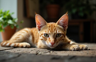 Fototapeta premium A ginger tabby cat lying on a wooden floor with a relaxed expression and green plants in the background