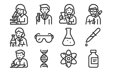 School Lab Icon Set. Students conducting research in school labs. Line outline icon set of Students conducting